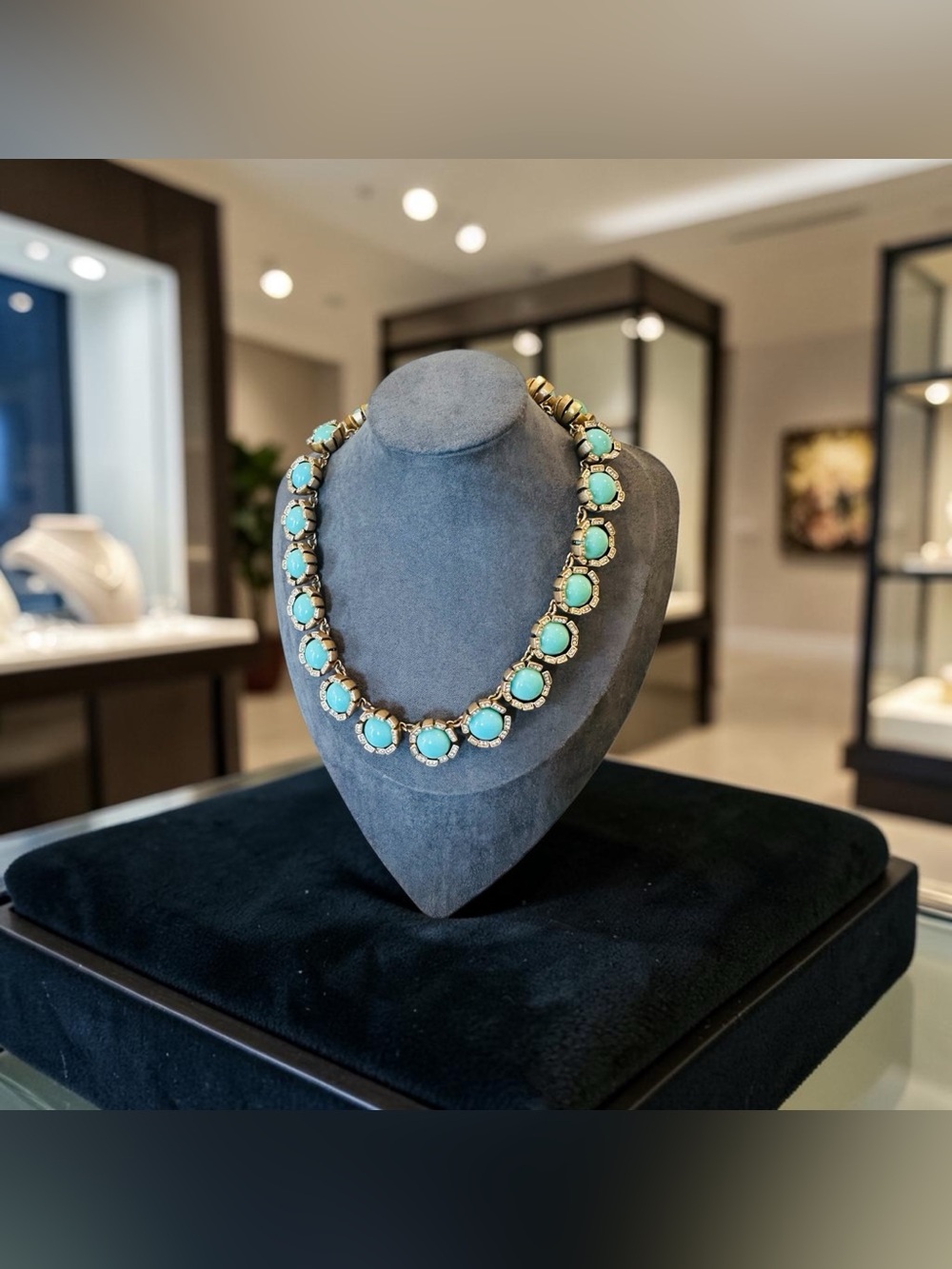 J.Crew Vintage Retro Spring Summer Turquoise CZ Water Lily Statement Necklace - Picture 1 of 17